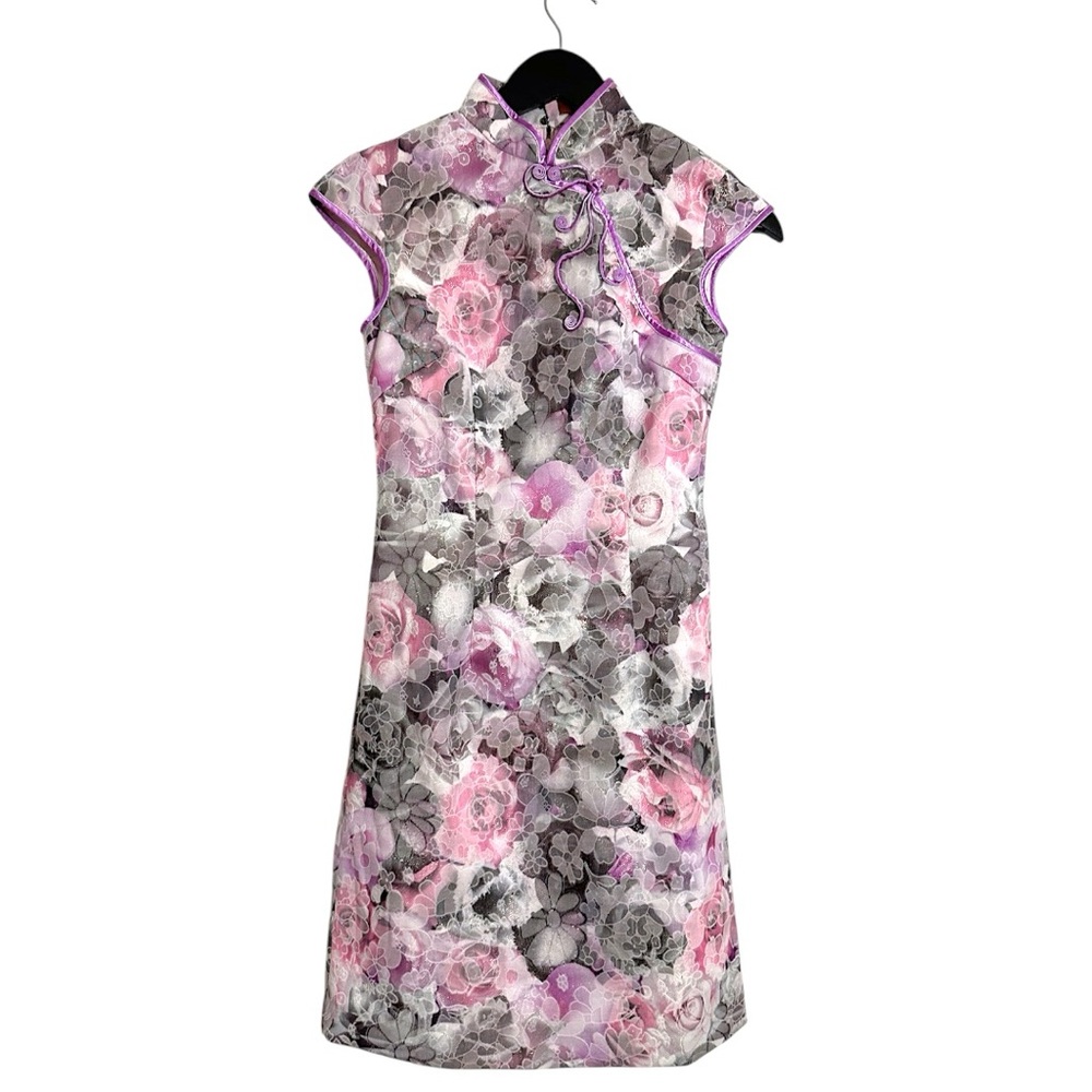 Peve Pink & Gray Floral Cheongsam Qipao Brocade Dress Size Small Vintage
